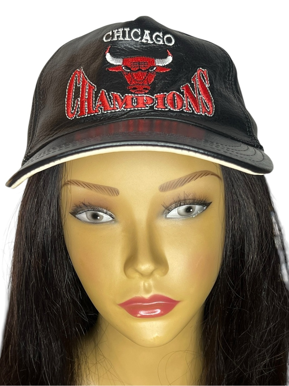 Vintage Chicago Bulls Champions Black Leather Look Snapback Hat NBA